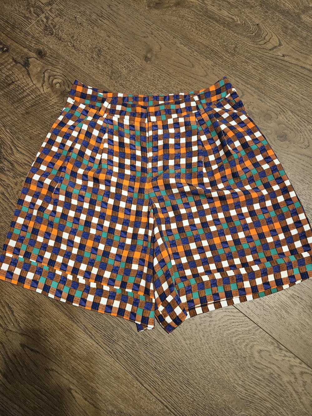 High-Waist Women's Checkerboard Shorts in Orange, Blue & White